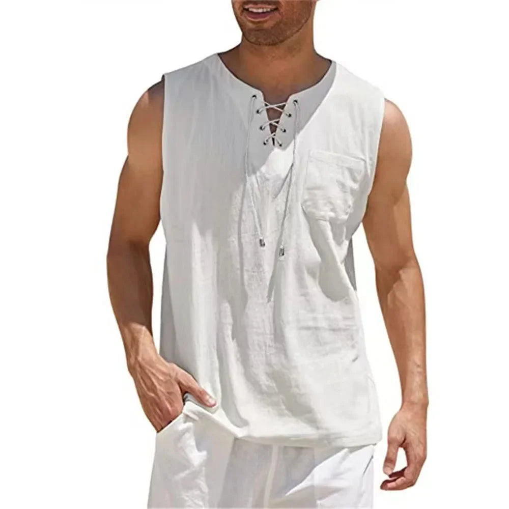 Cotton Linen Shirts Men's Casual Sleeveless Vest Lace Up Shirts Retro V Neck Tank Tops Loose Shirt Male Solid Color Clothes - Matrix Studios