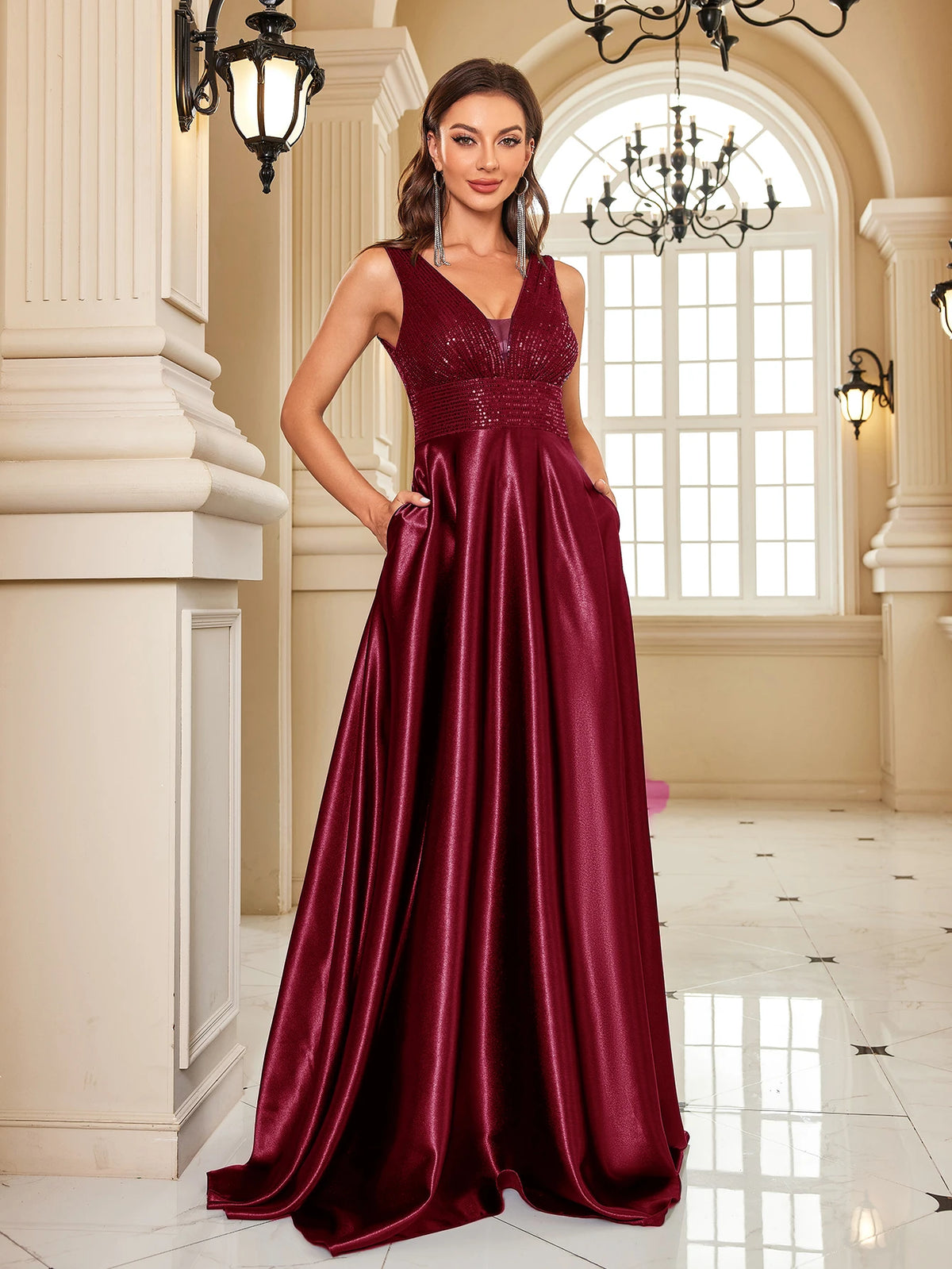 Elegant Sequins Evening Dress For Women 2024 Deep V-neck Satin Prom Party Green Dress Floor Length Blue Formal Gowns - Matrix-studios.com
