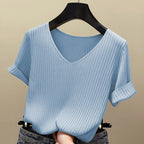 AOSSVIAO 2026 Basic V-neck Solid Thin Summer Women Pullover Female Thin Knitted Ribbed Sweater Slim Short Sleeve Bodycon Sweater - Matrix-studios.com