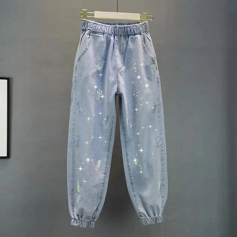 High waisted Jeans For Summer 2026 New Loose Elastic waist Hot pressed Diamond Pants Women's Casual Denim Trousers - Matrix-studios.com