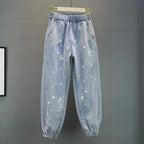 High waisted Jeans For Summer 2026 New Loose Elastic waist Hot pressed Diamond Pants Women's Casual Denim Trousers - Matrix-studios.com