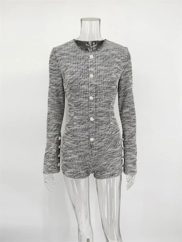Elegant Women Beige Tweed Long-sleeve Romper Button-detail Bodycon Jumpsuit 2026 Spring Summer New Lady Trendy Chic Party Wears - Matrix Studios