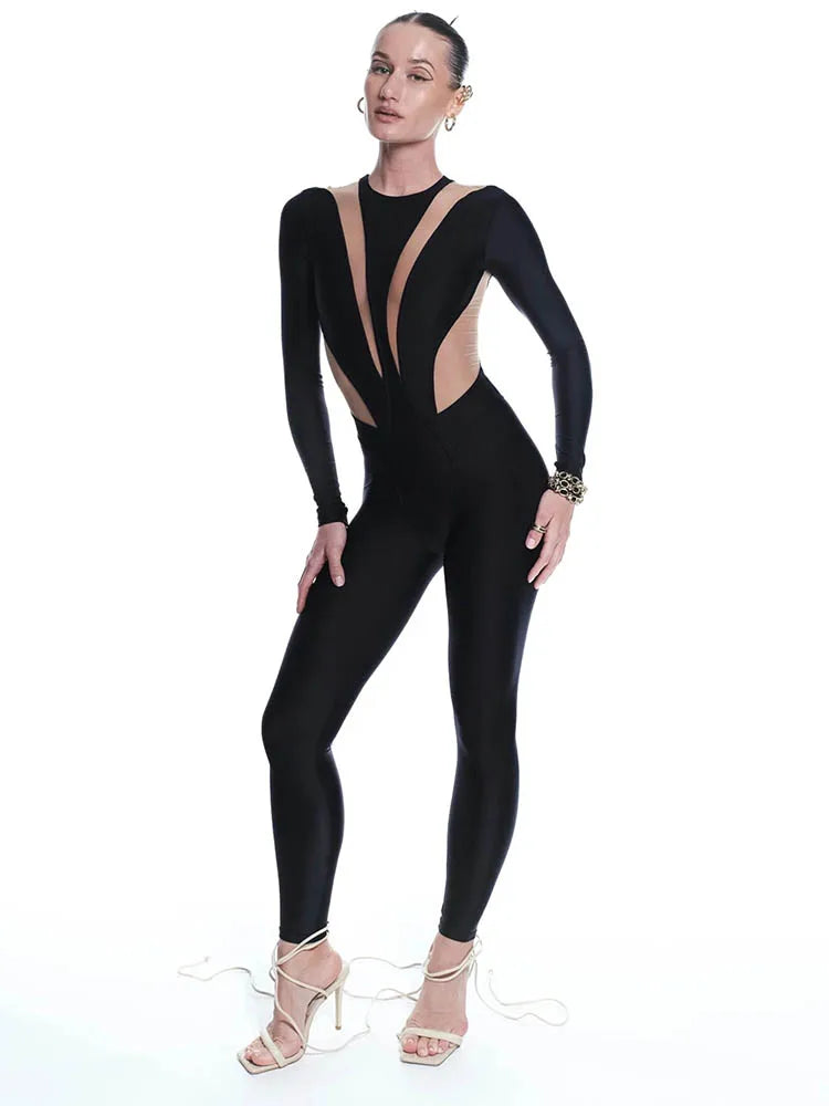 Huhugirl Sexy Mesh Patchwork Rompers Women Jumpsuits Fashion O Neck Long Sleeve Skinny Black Jumpsuits Female One Piece Overalls - Matrix Studios