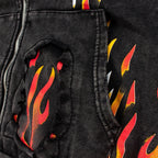 2XL Hiphop Street Distressed Washed Worn SATOSHI Zip-up Hoodie Flame Skeleton Vintage Faded Print Jacket Men Women Terry Outfit - Matrix-studios.com
