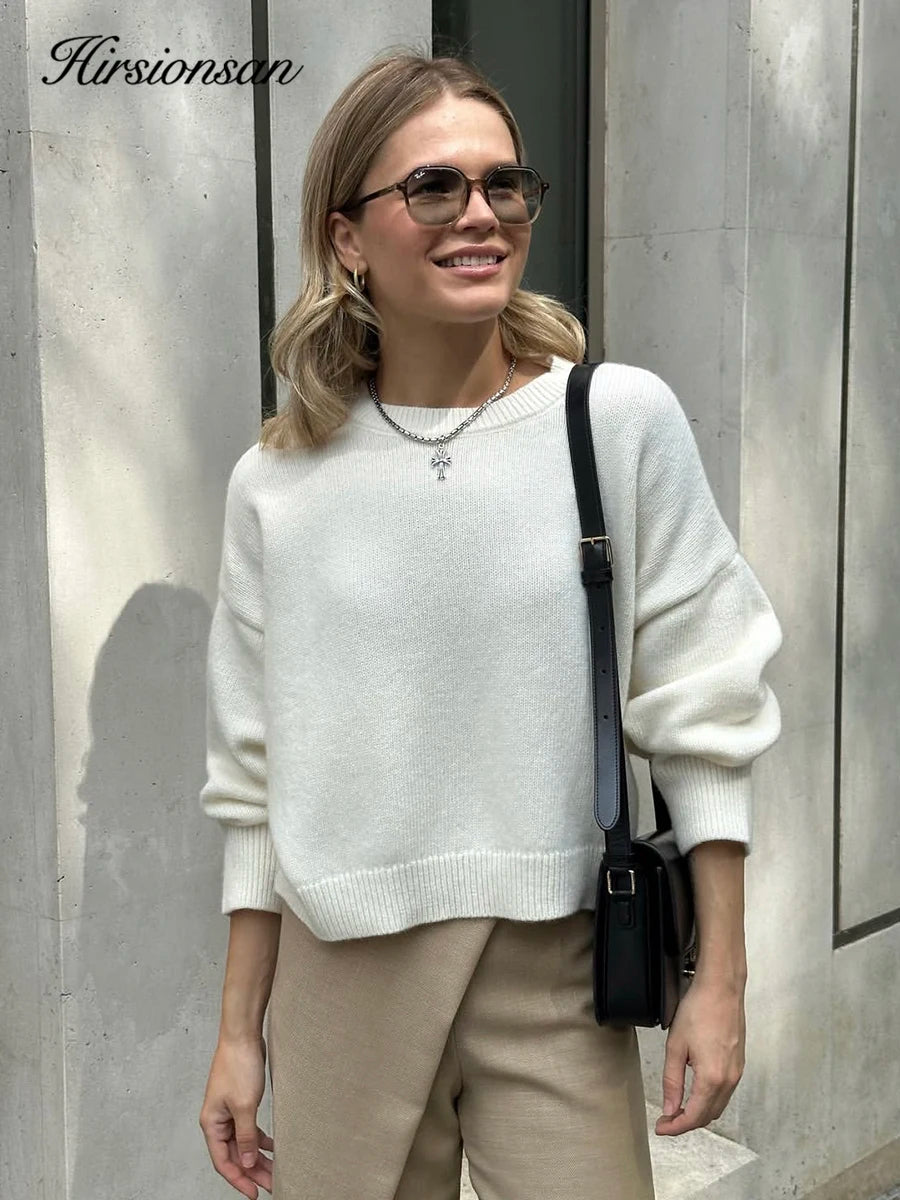 Hirsionsan Basic O Neck Basic Sleeve Sweater Women 2025 Oversized Short Knitted Pullovers Female Casual Thick Warm Soft Tops - Matrix Studios