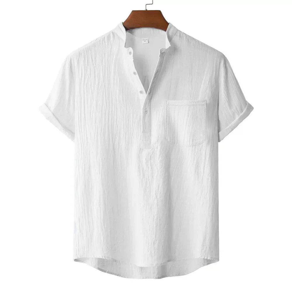 Men's Summer Cotton Linen T-shirt Beach Style Short SLeeve Henley Neck Vacation Hawaii Casual Lightweight Breathable Cozy Tops - Matrix Studios