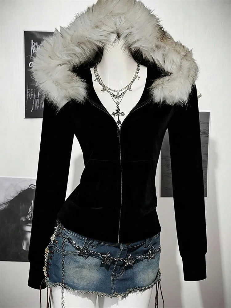 Y2K Harajuku Gothic Women's Hoodie Sexy Slim Chic Suede Fur Collar Letter Print Cardigan Sweatshirt  Female Streetwear - Matrix Studios