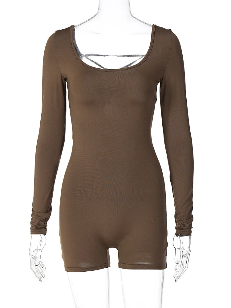 Hugcitar Long Sleeves Backless Solid Lace Up Sexy Slim Skinny Playsuit 2024 Fall Women Fashion Y2K Streetwear Party Club Rompe - Matrix Studios