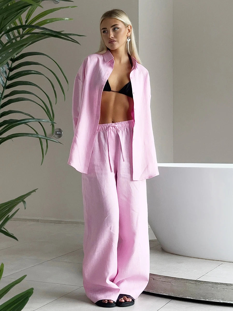 Bornladies Cotton Casual Pants Sets Women's Solid Color Cozy Lapel Long Sleeve Shirt Summer Outfit Elastic Waist Pants Suits - Matrix-studios.com