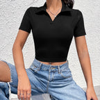 polo neck V short sleeve T-shirt women's summer shoulder high waist Spice Girl T-shirt slimming short crop top - Matrix-studios.com
