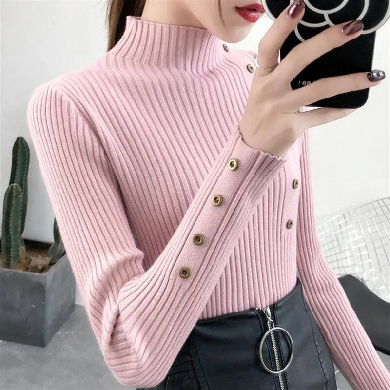 2026 Autumn Knitted Turtleneck Sweaters Women Solid Knitted Female Cotton Soft Elastic Color Slim Pullovers Button Full Sleeve - Matrix Studios