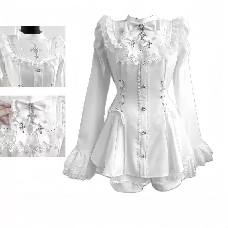 Japanese Y2 Aesthetics Vintage Bow Dress Shorts Set Women Gothic Lolita Style Long Sleeve Shirt Dress Elegant Party Dress Suits - Matrix-studios.com