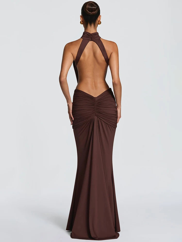 Mozision Turtleneck Backless Sexy Maxi Dress Women Gown Elegant Off-shoulder Sleeveless Ruched Bodycon Club Party Long Dress - Matrix-studios.com