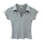 Niche Design Slim Fit Short Sleeve Women T-Shirt 2026 Summer New Arrival V-Neck Polo Shirt Unique Elegant Top Korean Solid Tee - Matrix-studios.com
