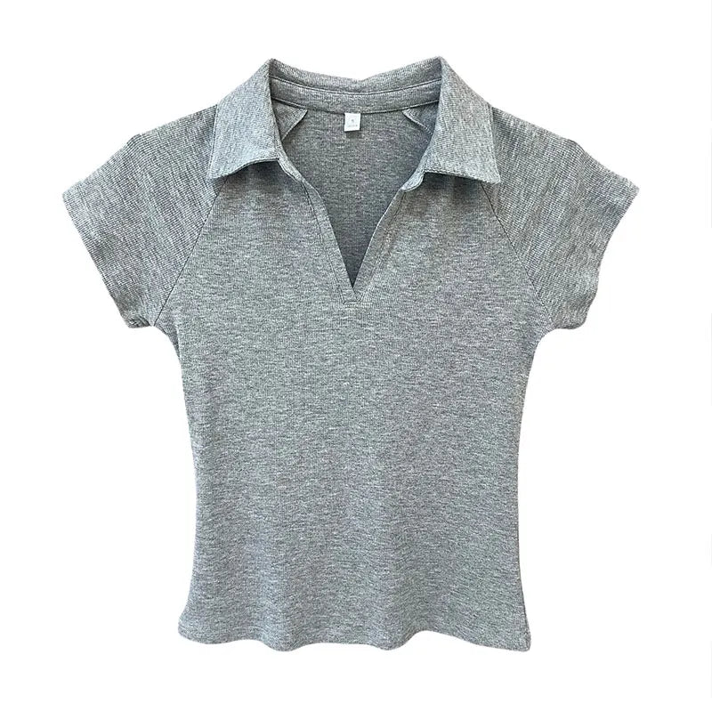 Niche Design Slim Fit Short Sleeve Women T-Shirt 2026 Summer New Arrival V-Neck Polo Shirt Unique Elegant Top Korean Solid Tee - Matrix-studios.com