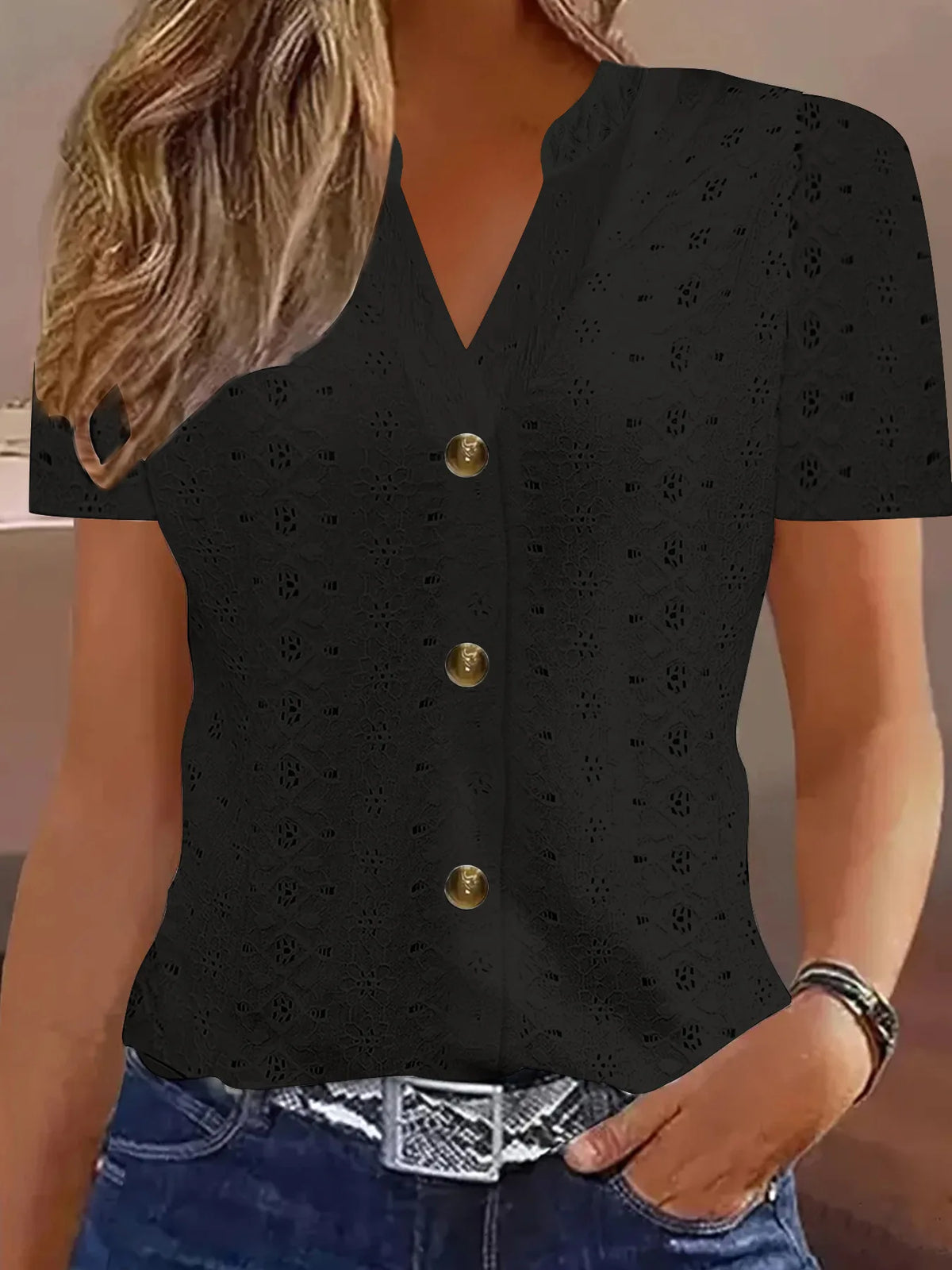 Y2k Tops Women's Summer Blouse Casual V-Neck Button Short Sleeve Tops Elegant Fashion Blouses Casual Loose Solid Colors Shirts - Matrix-studios.com
