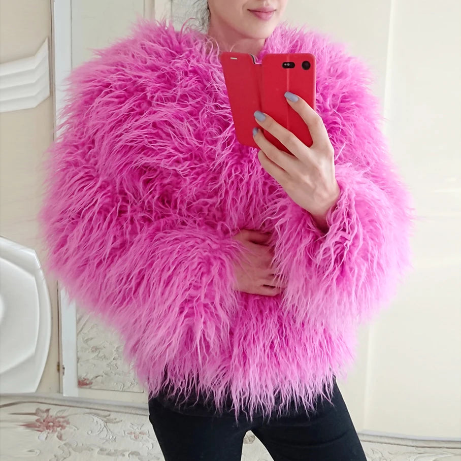 Colorful Warm Faux Women Fur Coat Loose Black White Pink Plush Coat Female Jacket Fur Autumn Winter Shaggy Outerwear - Matrix Studios