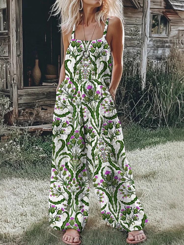 2026 New Style Fashionable Women's Printed One-Piece Pants, Bohemian Square Neckline, Loose Wide Legs, Elastic Waistband, Light-Colored Print, American Size, Shipped from the US Warehouse, Fast Delivery, Outdoor Vacation Slee - Matrix Studios