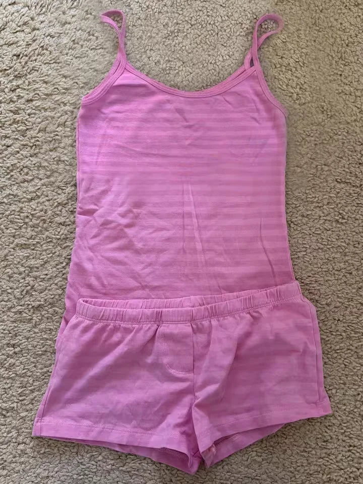 Strawberry Vest Shorts 2 Pieces Set Woman Eyelet Bow Slim Tank Top with Elastic Waist Patchwork Straight Short Pant Sweet Sets - Matrix-studios.com