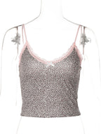 Hugcitar Fashion Leopard Print Slips Patchwork Lace Bow Sexy Slim Crop Camis Top Summer Women Festival Party Clothes Streetwear - Matrix-studios.com