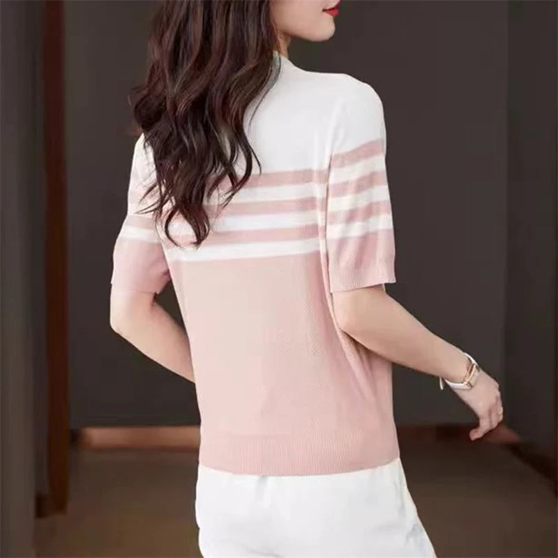 Women's POLO Collar T-Shirt Summer New 100% Cotton Knitted Short-Sleeved Casual Striped Shirt Women's Lapel Pullover Loose Top