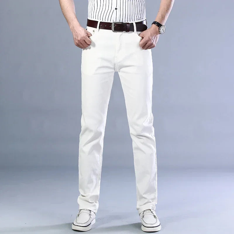 Men's Jeans Pure White Fashion Elastic Slim Youth Slimming Straight Leg Male Pants Business Casual Middle Age High End Trousers - Matrix Studios