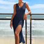 2024 Summer Ladies Vacation Hollow Out Robe Women Chic Solid Knitted Maxi Dress Fashion Sleeveless Sexy Beach Cover Up Dresses - Matrix Studios