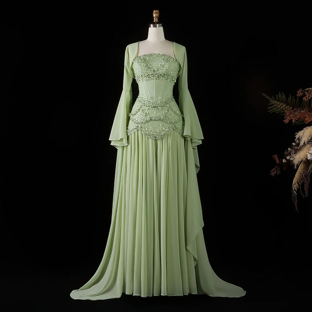 Sharon Said Elegant White and Yellow Chiffon Corset Celebrity Evening Dress with Jacket Flare Sleeves Luxury  SS286 SSCustomize - Matrix Studios