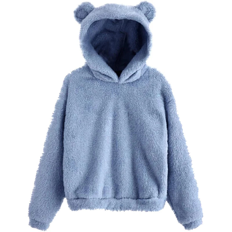 Winter Korean Fashion Bear Ears Cute Loose Hoodie Fluffy Hooded Warm Sweatshirt Long Sleeve Top Solid Pullover Clothes For Women - Matrix Studios