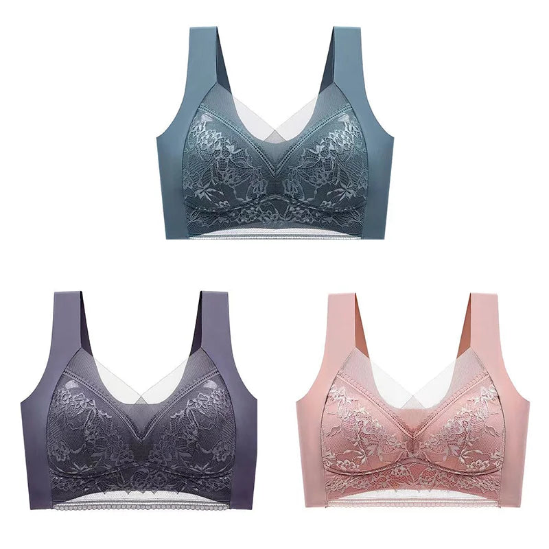 3Pcs Women Lace Bra Perspective Push Up Ice Silk Deep V Bralette Bra Sexy Lingerie Tops Plus Size Cup Mom's underwear L-5XL - Matrix Studios