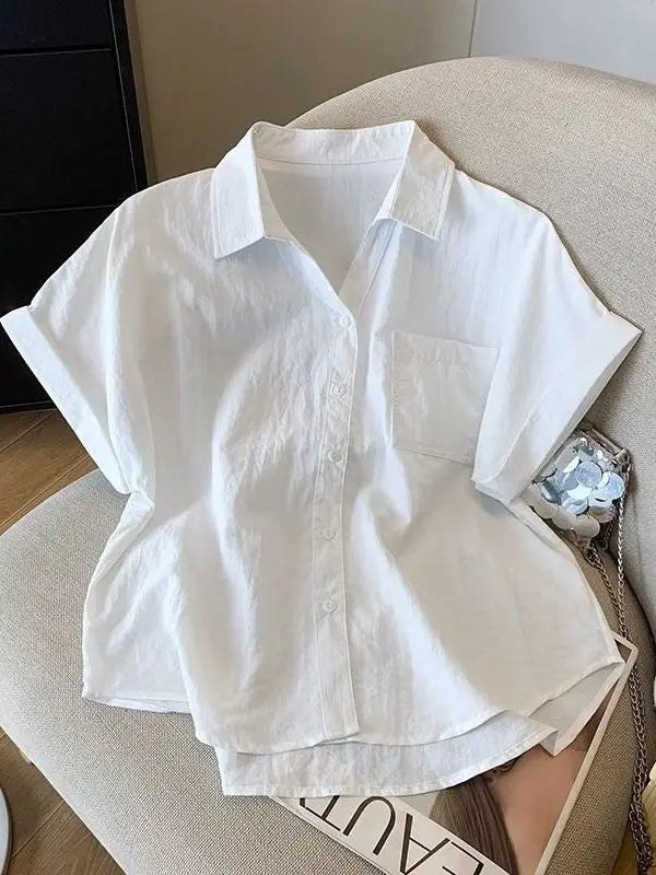 Blue  Neck Short Sleeve Shirt Women's Summer Loose Versatile Super Beautiful Blouse Small Figure Top Easy Care Fabric - Matrix-studios.com