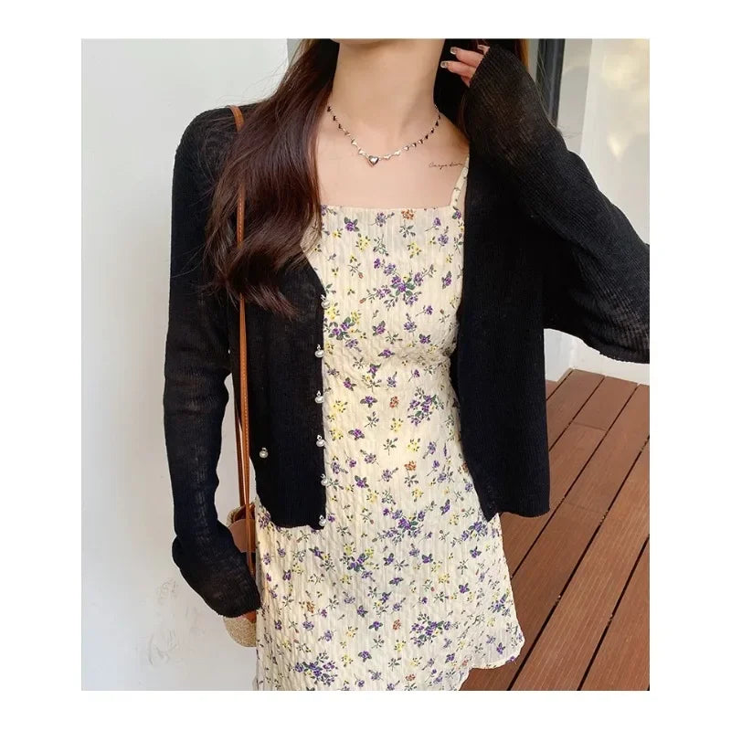 Green Ice Silk Sunscreen Knit Cardigan Outerwear Women Summer Suspender Skirt Outdoor Shawl Air Conditioning Blouse Top Thin - Matrix Studios