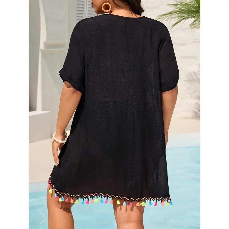 MOXDOWomen's Plus Size Bohemian Crochet Beach Dress, Loose Flowy Vacation Cover-up with Tassels - Matrix Studios