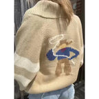 Combhasaki Women Shawl Collar Cardigan Long Sleeve V Neck Y2K Aesthetic Graphic Print Button Down Sweater Knitwear Coat Tops - Matrix Studios