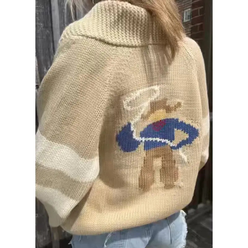 Combhasaki Women Shawl Collar Cardigan Long Sleeve V Neck Y2K Aesthetic Graphic Print Button Down Sweater Knitwear Coat Tops - Matrix Studios