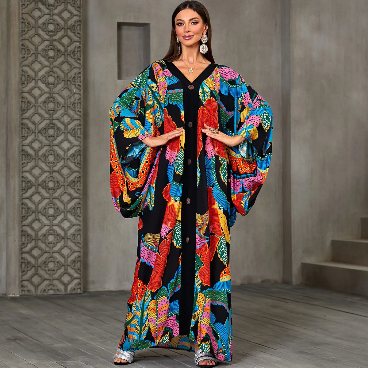 Caftans for Women Plus Size V-Neck Batwing Sleeve Kaftan Dress for Beach Swimwear Cover-Up Loungewear Mumu Dresses - Matrix Studios