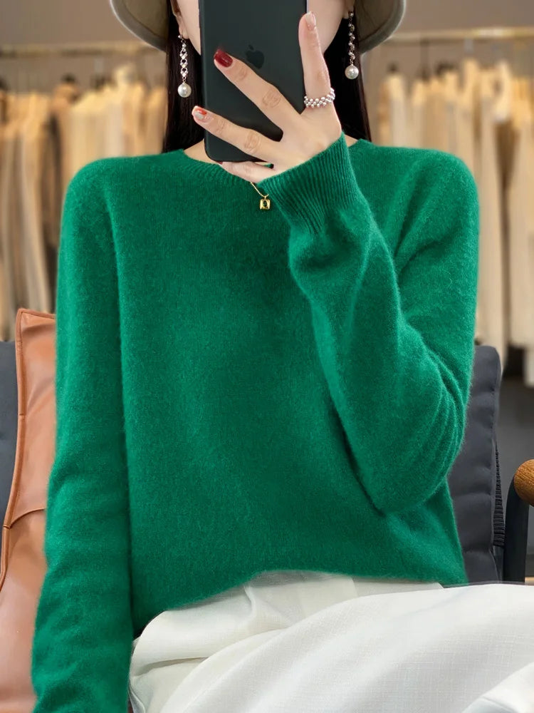 100% Merino Wool Sweater Women O-neck Cashmere Knitwear Female Pullover Autumn Winter Casual Tops Solid Color Soft  Clothing - Matrix Studios