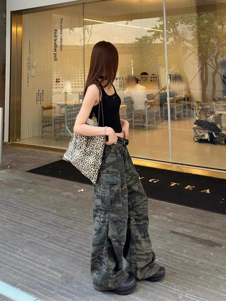 plus Size American Retro Camouflage Casual Work Pants Women's Loose Wide Leg Jeans Autumn New Sle High Waist Zipper Closure - Matrix-studios.com