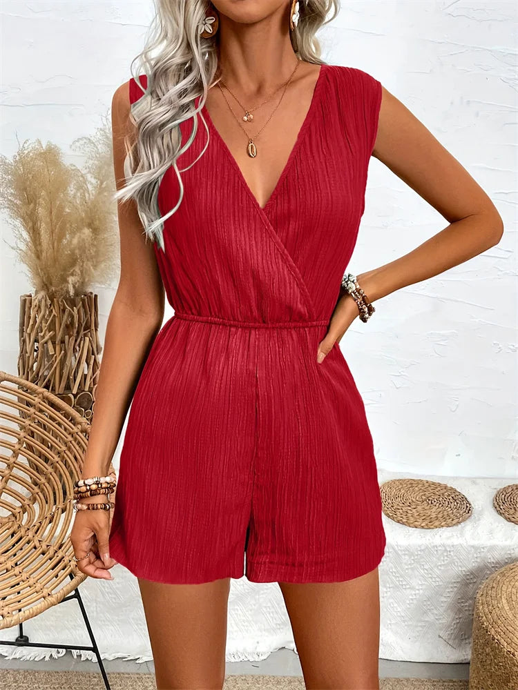 Jump Suit Women Overalls Playsuits Vacation One Pieces Outfits Romper Summer Casual Cross V-neck Sleeveless Solid Short Female - Matrix Studios