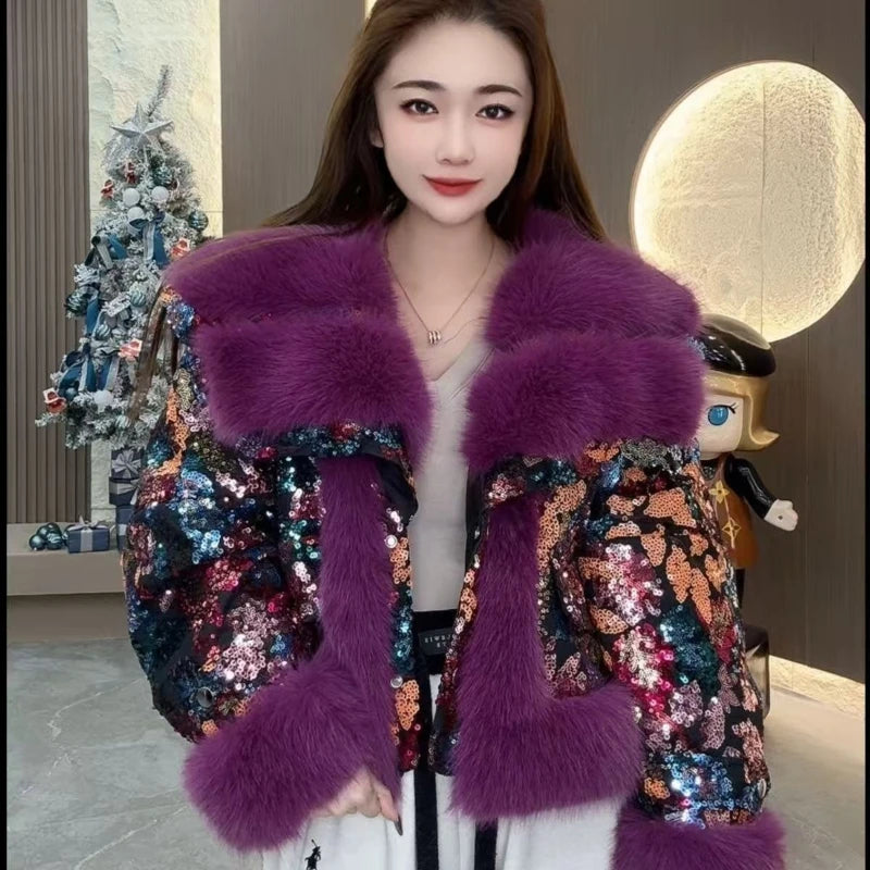 Outcoat The New Fur Cotton-padded Jacket Features Heavy Sequins Outerwear Sweet Faux Leather and A Stylish Thickened Fur Coat - Matrix Studios
