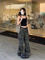 plus Size American Retro Camouflage Casual Work Pants Women's Loose Wide Leg Jeans Autumn New Sle High Waist Zipper Closure - Matrix-studios.com