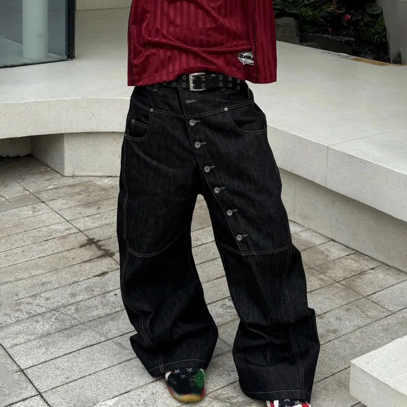 Korean High Street Buckle Curved Jeans Autumn Men'S Loose Straight Leg Pants Black Wide Leg Pants Casual Pants Hip-Hop Pants - Matrix Studios