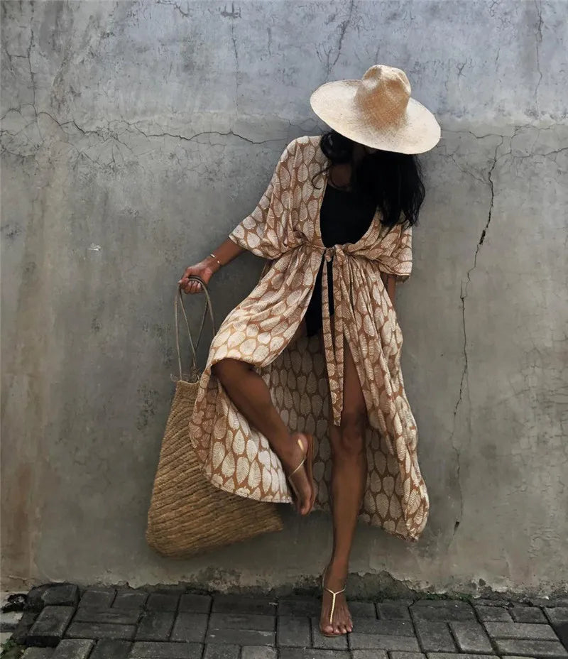Women Plus Size Long Cover up Bikini Coverups Kimono Tie Front Bathing Suit Swimsuit Beachwear - Matrix Studios