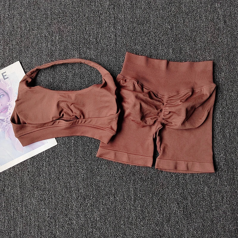 2PCs Peach High Waist Belly Hip Lifting Sports Bras Shorts Suit Gathering Shock-proof Neck Halter Yoga Suit Running Fitness Set - Matrix-studios.com