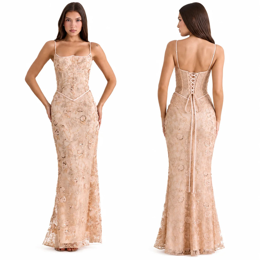 Women Floral Embroidery Sequin Mermaid Prom Dress, Spaghetti Strap Corset Bodycon Long Evening Gown for Wedding Guest Formal Party - Matrix-studios.com