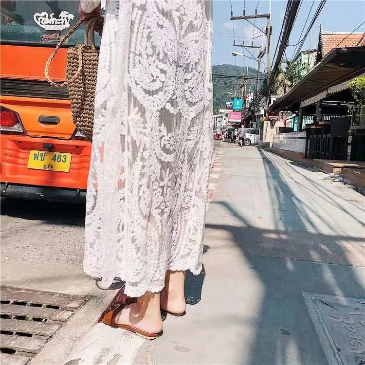 2024 Dress Beach White Lace Summer Maxi Dress Women Long Sleeve Beach Cover Up Sexy See Through Boho Bikini Beachwear Cover-ups - Matrix Studios