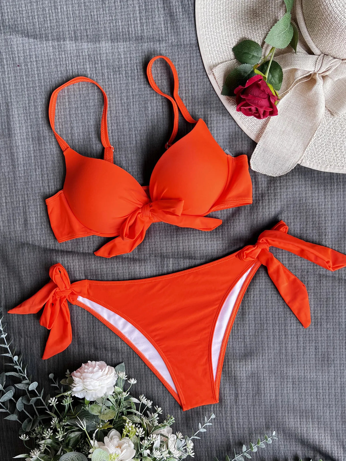 Sexy Front Bow Knot Push Up Bikinis Two Pieces Solid Swimsuit Tie Bikini Swimsuit Swimwear Biquini Conjunto De Bikini Tankini - Matrix-studios.com