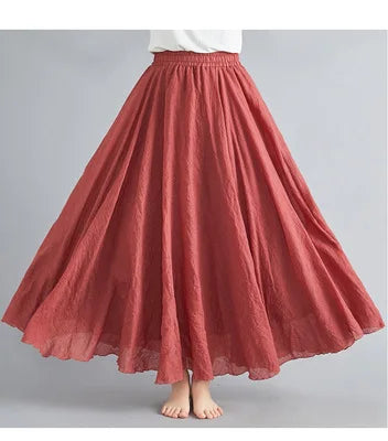 28-Color Mori Girl Literary Cotton Linen Dress Elastic Waist A-line Expansion Skirt Solid Color Ethnic Style Women Long Skirts - Matrix-studios.com