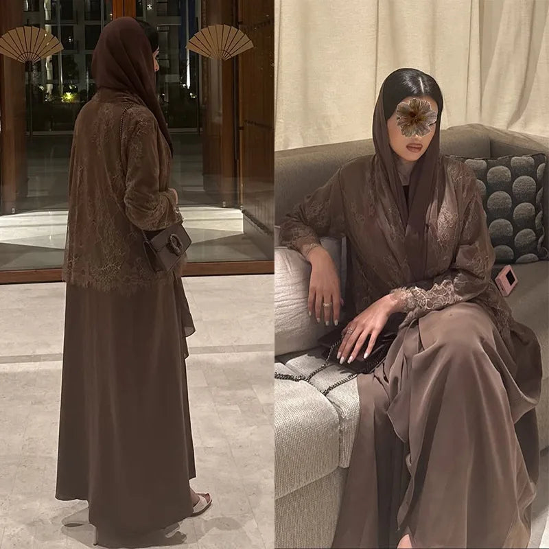 Eid Women Lace Abaya Open Dress Ramadan Abaya Party Vestidos Largos Muslim Jalabiya Morocco Kaftan Dubai Islam Arab Long Robe - Matrix-studios.com