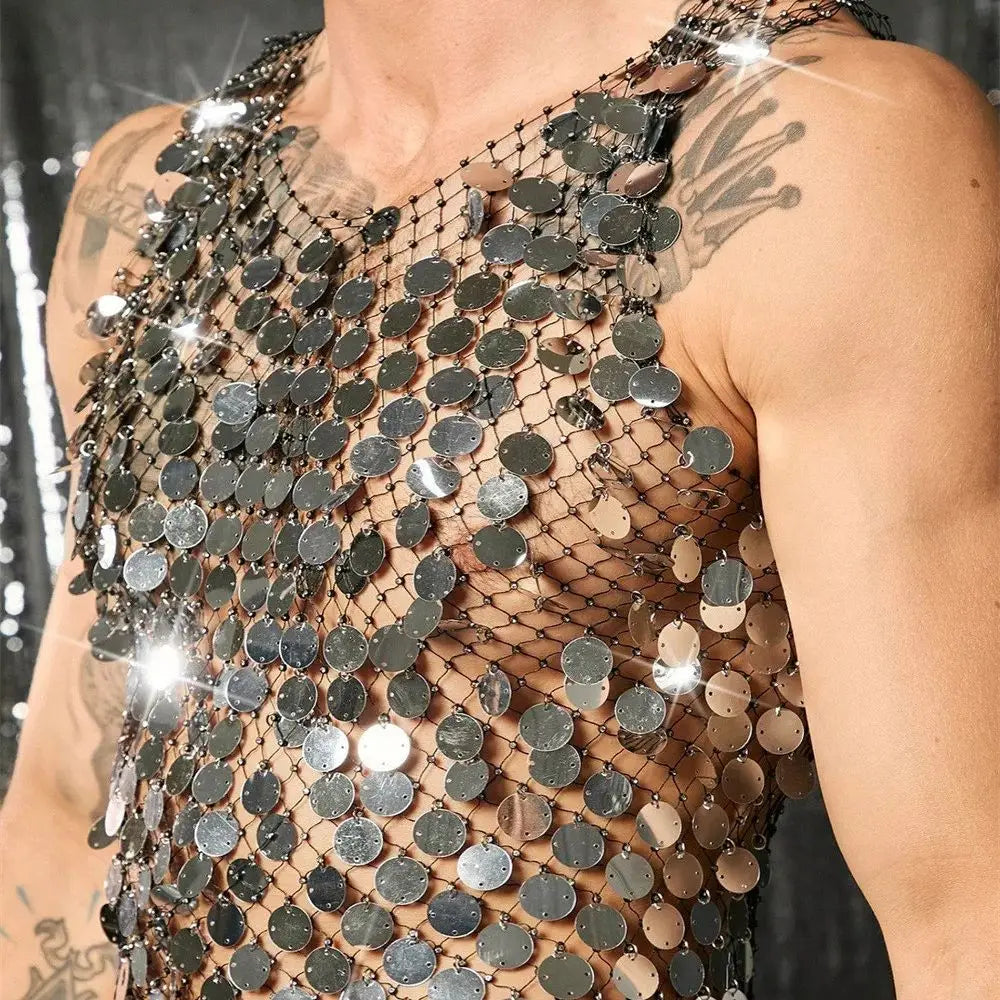 Sparkling Diamond Cut-Out See-Through Vest For Men - New Summer Style Sexy Nightclub Party Fishnet Beaded Outerwear Top - Matrix Studios